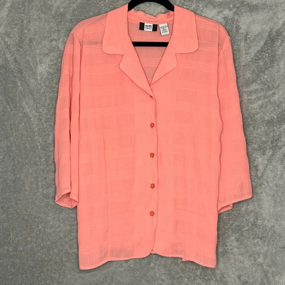 Studio 1940 18 20 1X Shirt Top Coral Pink Solid Button Up 3/4 Sleeve V Neck - Picture 1 of 6